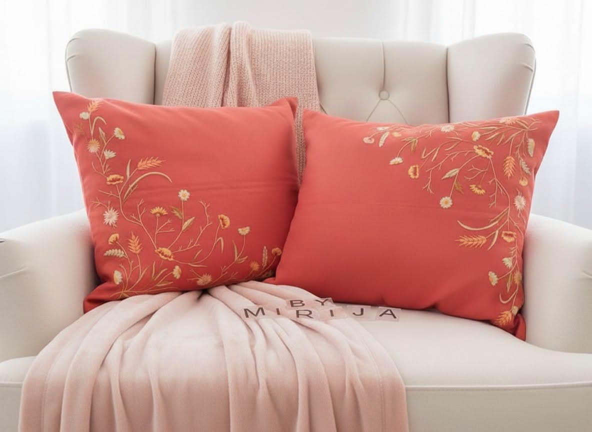 Coussins oranges brodés Broderie Mirija